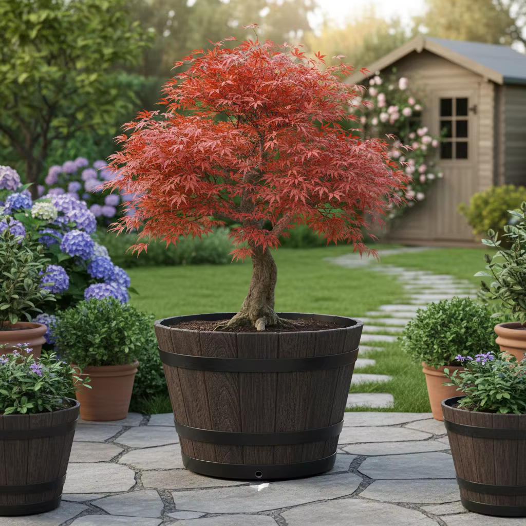 Grand pot de fleurs décoratif en résine en forme de baril en bois pour intérieur