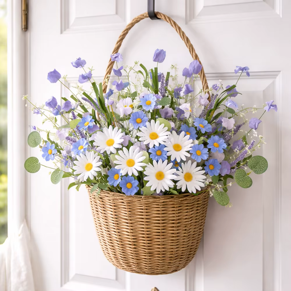 Fleurs artificielles de printemps rustiques bleues et blanches en soie