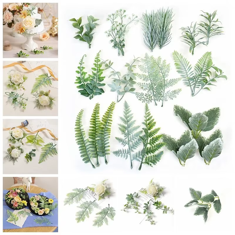 Plantes artificielles vertes feuilles fête maison mariage décor accessoires bricolage gâteau boîte à bonbons guirlande décoration de noël fleurs couronne