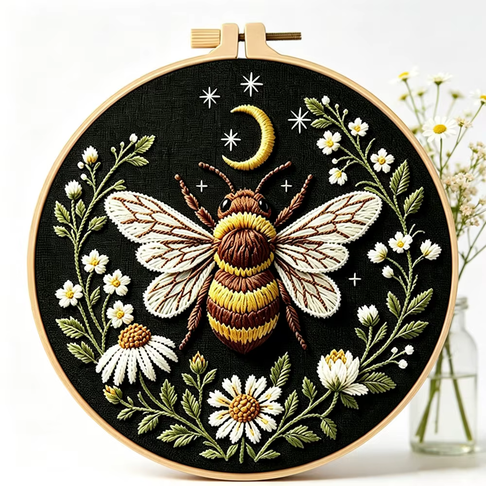 Kit de broderie Libellule, Papillon, Abeille, Insecte avec fleurs, avec instructions en français, fils, tissu estampé avec motif pour cadeau DIY