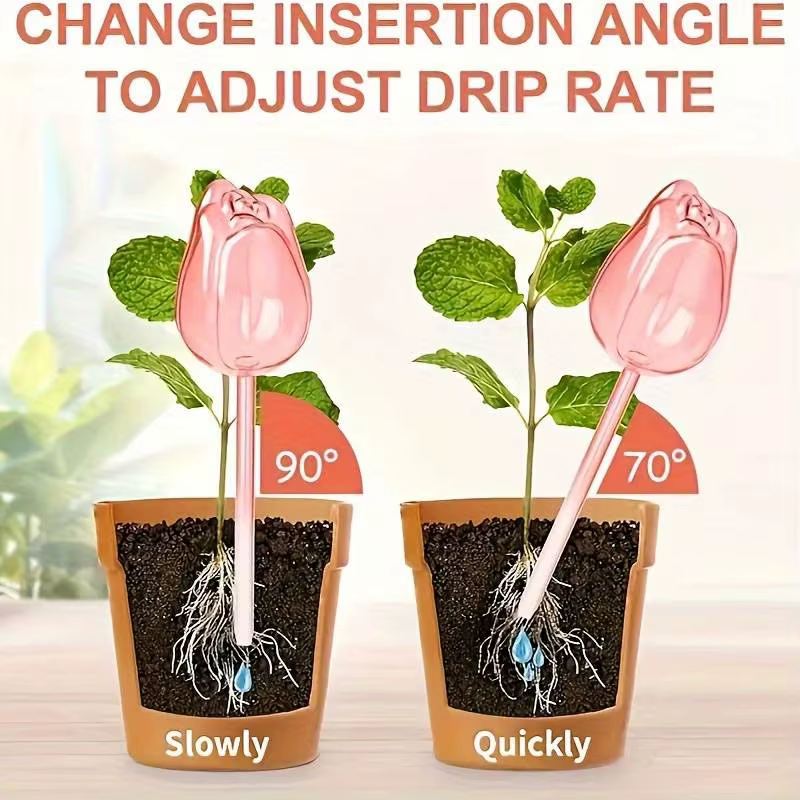 3 boules d'irrigation en forme de tulipe rose avec un design à embout étroit pour prolonger le temps
