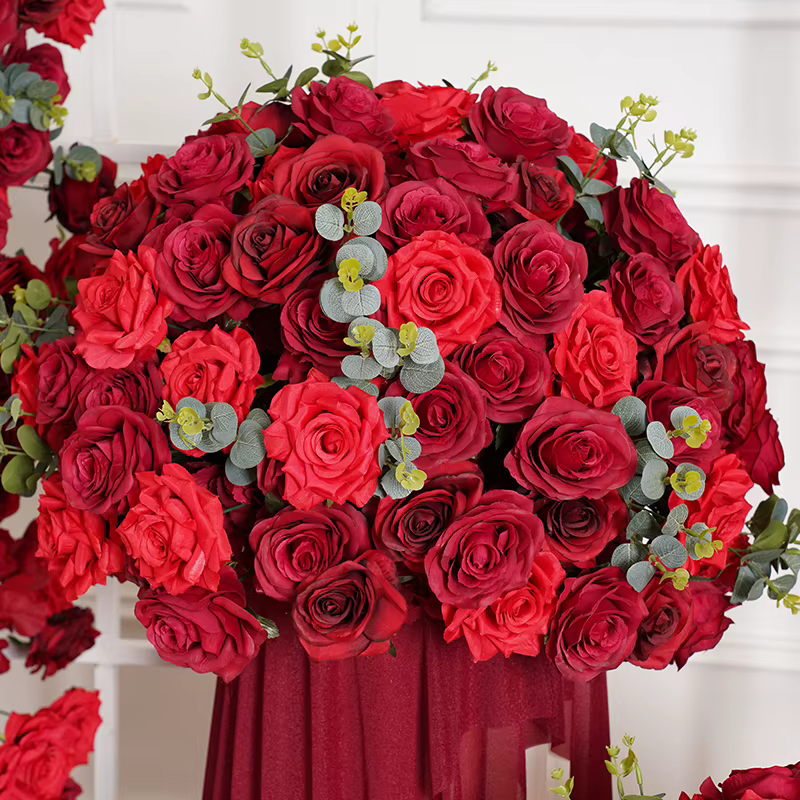 A8114 bordeaux rouge Rose vert feuille d'eucalyptus arc de mariage arrangement de rangée florale centre de Table