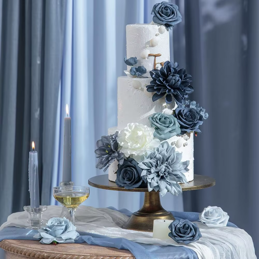 Yannew 20 pièces fleurs de Dahlia artificielles bleu poussiéreux avec tige boîte combinée pour bricolage fête de mariage Arrangement Floral pièce maîtresse décor