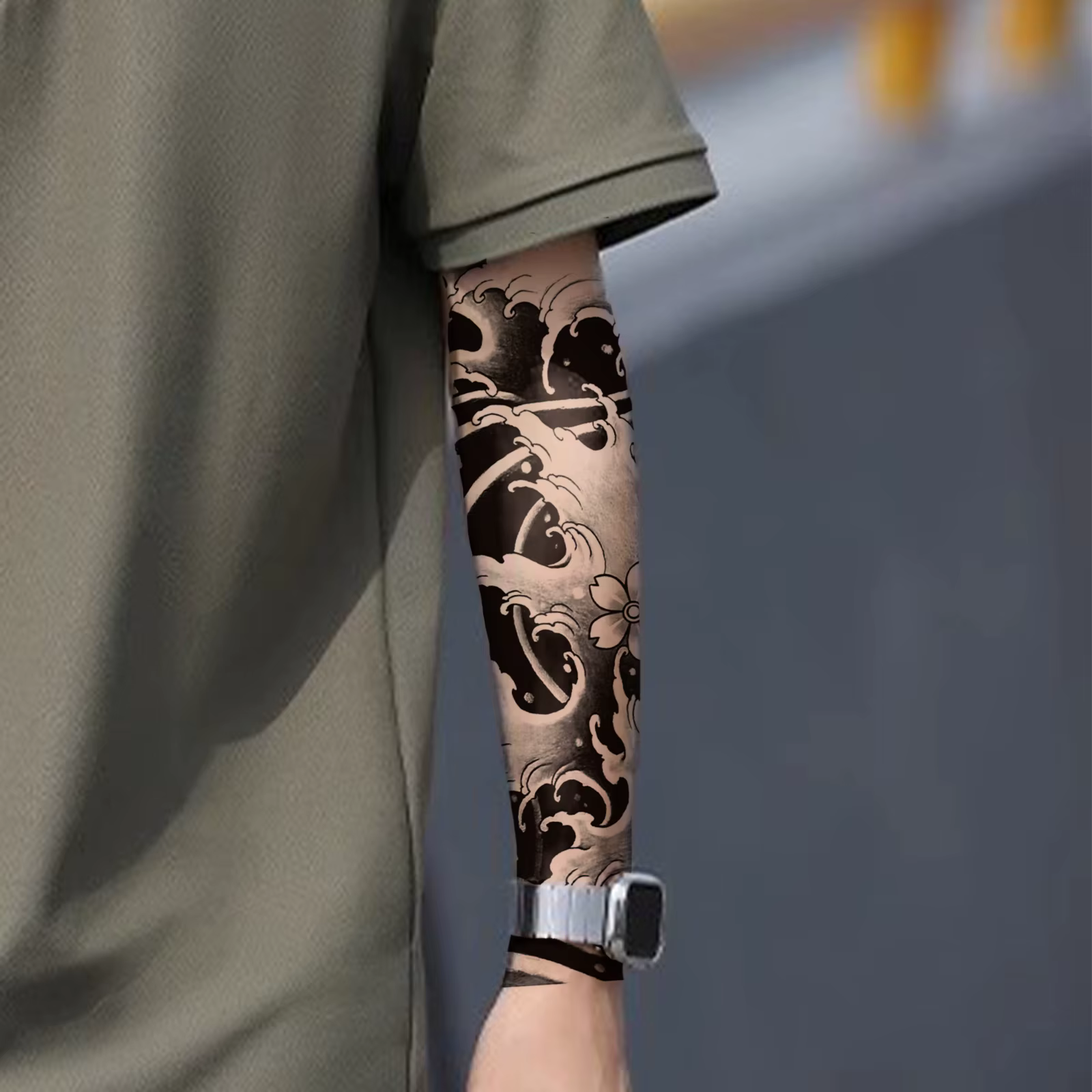 1 autocollant de tatouage temporaire à motif de vague de cerisier, tatouage de fleur pour le bras, imperméable et longue durée