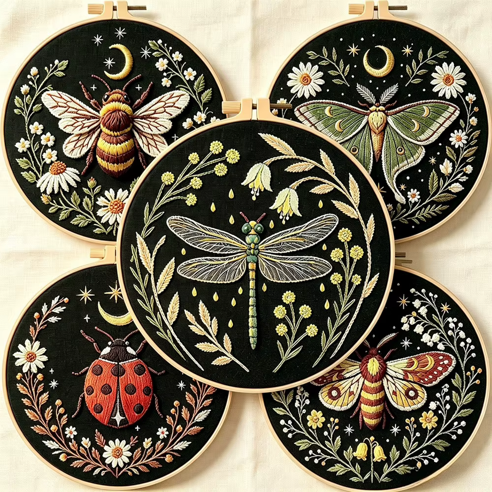 Kit de broderie Libellule, Papillon, Abeille, Insecte avec fleurs, avec instructions en français, fils, tissu estampé avec motif pour cadeau DIY
