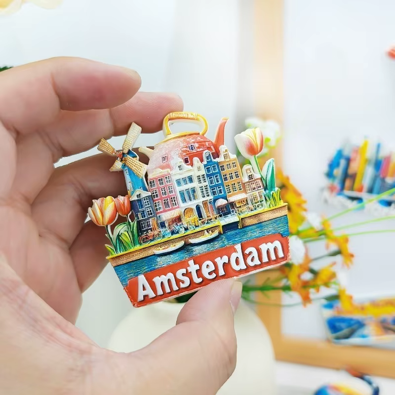 Aimant de réfrigérateur à fleurs d'Amsterdam – Souvenir de tulipe néerlandaise 3D