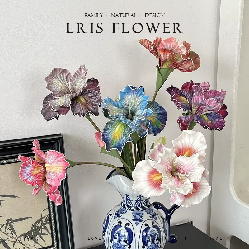 Fleurs d'iris artificielles réalistes de 45 cm - Texture EVA à 2 têtes | Tues de peinture à l'huile et charme naturel |