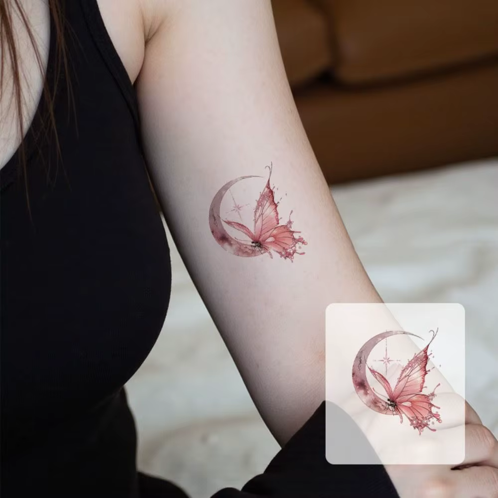 Autocollants de tatouage temporaire imperméables, motif lune et fleurs, longue durée, pour festival de l'eau, art corporel