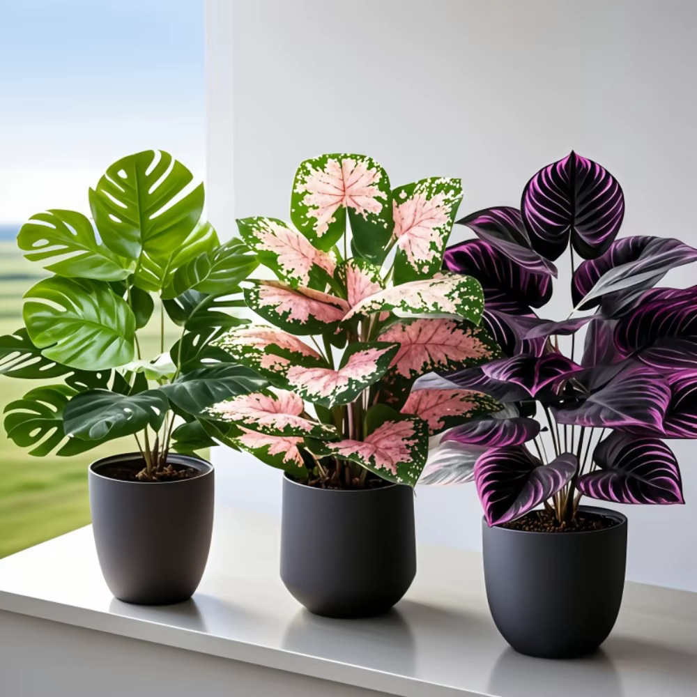 Ensemble de 3 grandes plantes artificielles vertes d'extérieur avec 36 feuilles