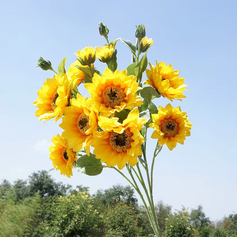 Fausses plantes artificielles de tournesol floquées à 5 têtes