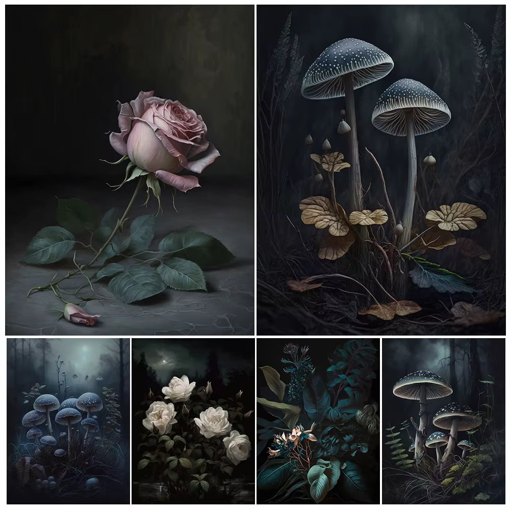 Peinture sur toile d'art mural floral botanique sombre