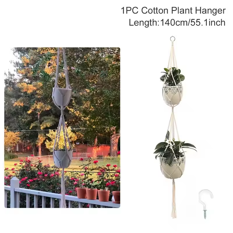 Support mural en macramé fait main pour plantes suspendues