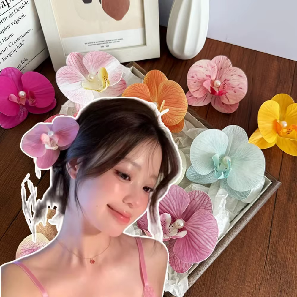 Pince à cheveux fleur de perle pour femme, mignonne, motif papillon et orchidée, pince bec de canard, accessoires de plage
