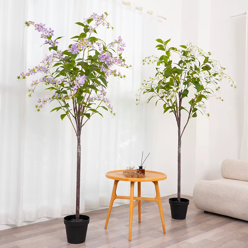 Banian-Fleur Artificielle Violette et Blanche avec Pot