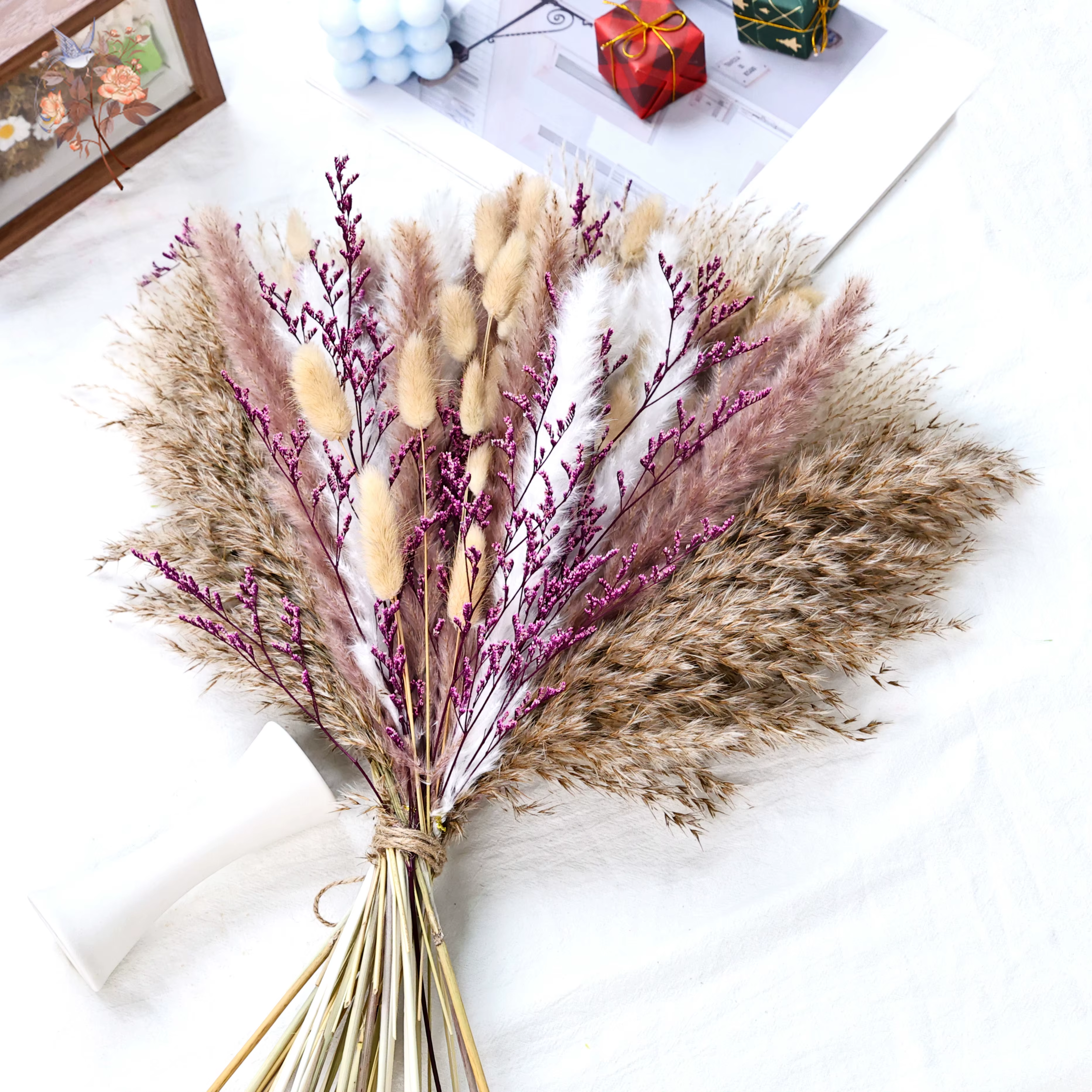 70 pièces moelleux Pampas fleurs séchées violet limonium Boho décor à la maison Vase remplissage bricolage matériel vraie fleur mariage Bouquets de mariée