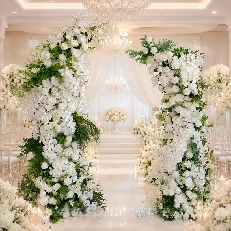 Décoration florale de mariage avec rangée de roses blanches et feuilles vertes