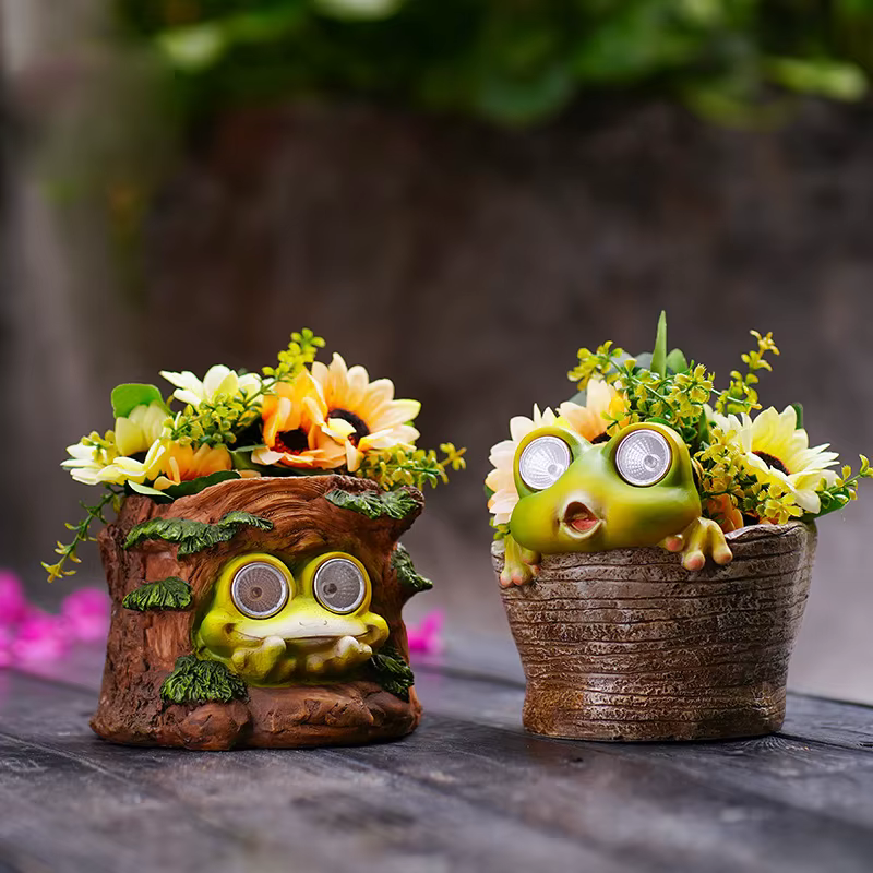Pot de fleur de grenouille solaire avec lumière Led