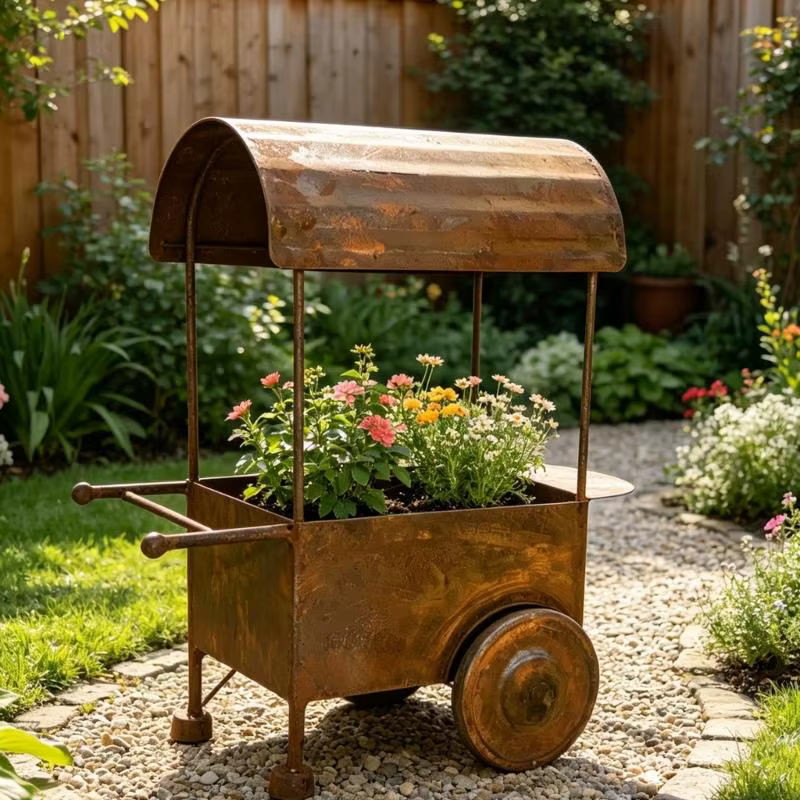 Petit conteneur jardinière en brouette rouillé