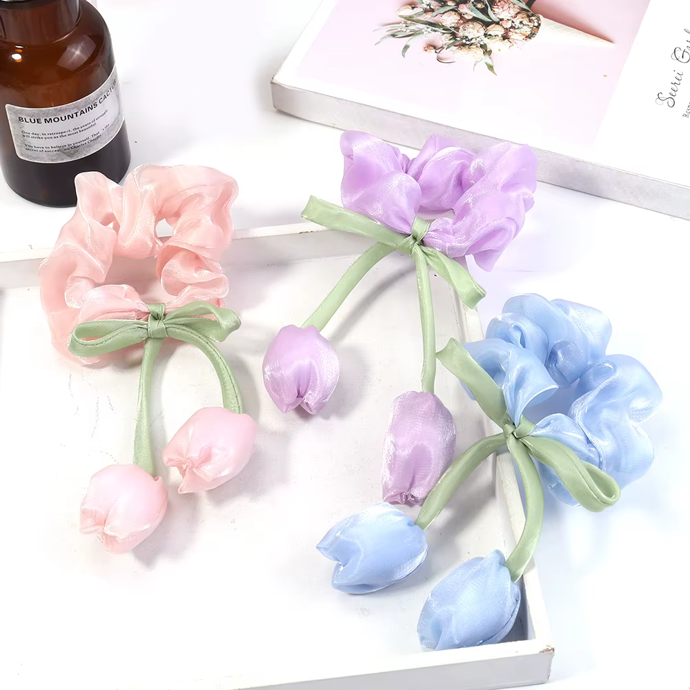Lot de 5 fleurs décoratives 3D en forme de tulipe avec nœud