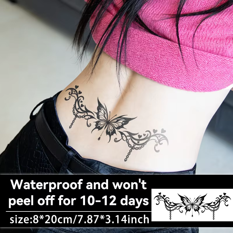 Autocollants de tatouage temporaires en forme de cœur et de papillon, à base de plantes, longue durée, imperméables, élégants, sexy, pour femmes, ventre, poitrine