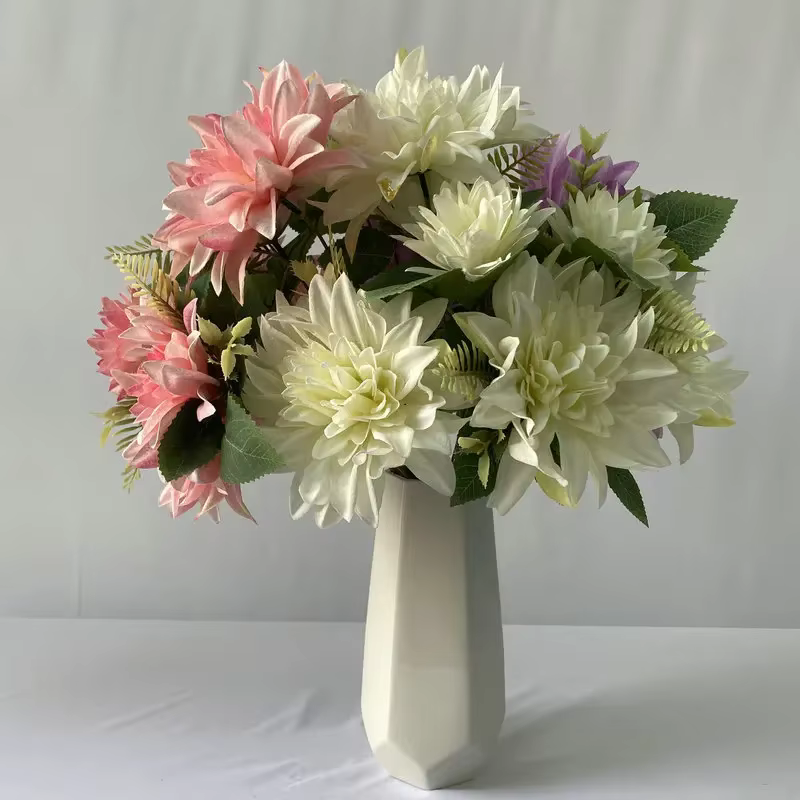 Peinture à l'huile artificielle Dahlia soie fausses fleurs plante jardin décoratif 7 têtes Dahlias Bouquet fleur rouge décoration d'hôtel