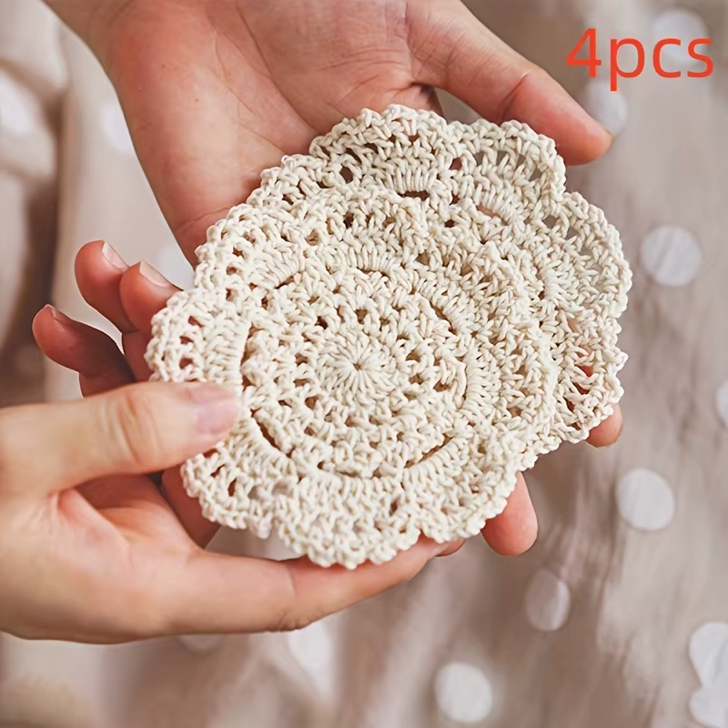 Vintage |     Crochet floral] 4 pièces de dessous-de-verre vintage en crochet floral |     Porte-gobelets décoratifs rustiques Cottagecore pour café