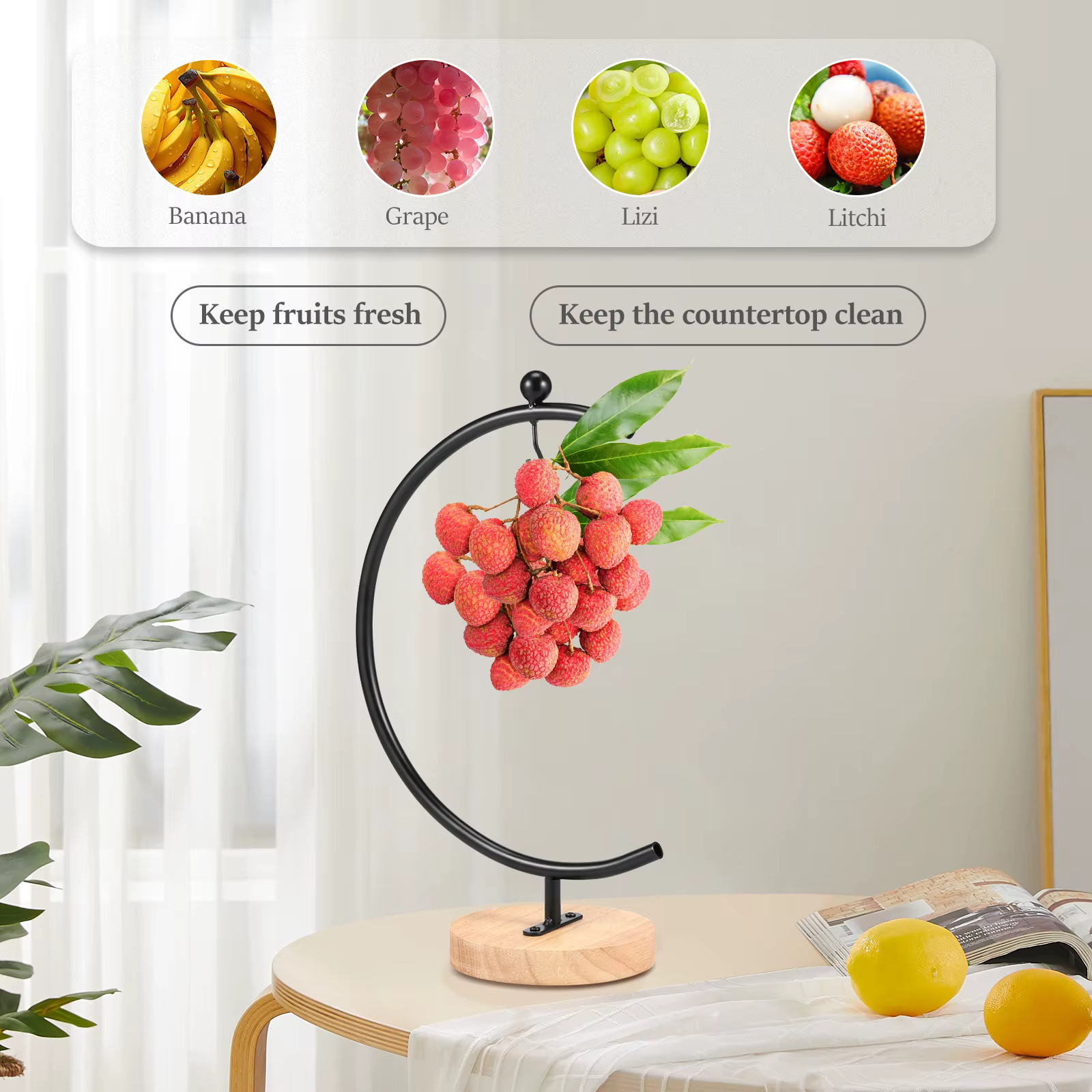 Porte-banane en forme de lune, crochet de support, accessoires de vidange créatifs, support de stockage de fruits pour comptoir de rangement
