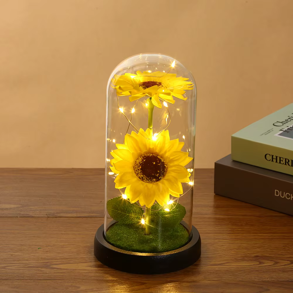 Tournesol éternel en dôme transp – Fleur artificielle éclairée par LED