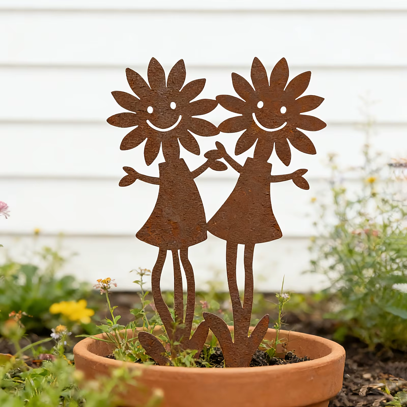 Support double pour fleurs en forme de tournesol vintage rouillé avec visage souriant - Statue décorative amusante pour