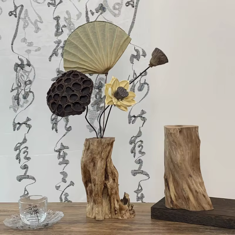 Vase de fleurs séchées en bois massif zen rétro chinois