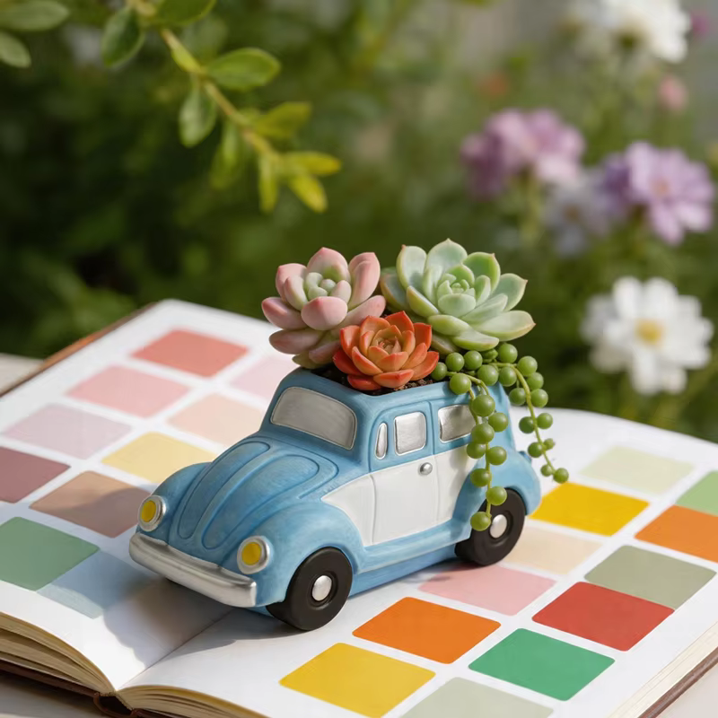 Pot de fleurs en céramique rétro en forme de voiture Beetle