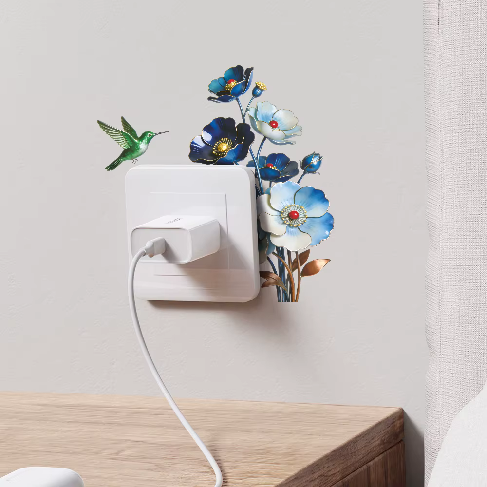 Autocollant mural amovible imperméable à l'eau avec fleurs bleues romantiques pour chambre à coucher