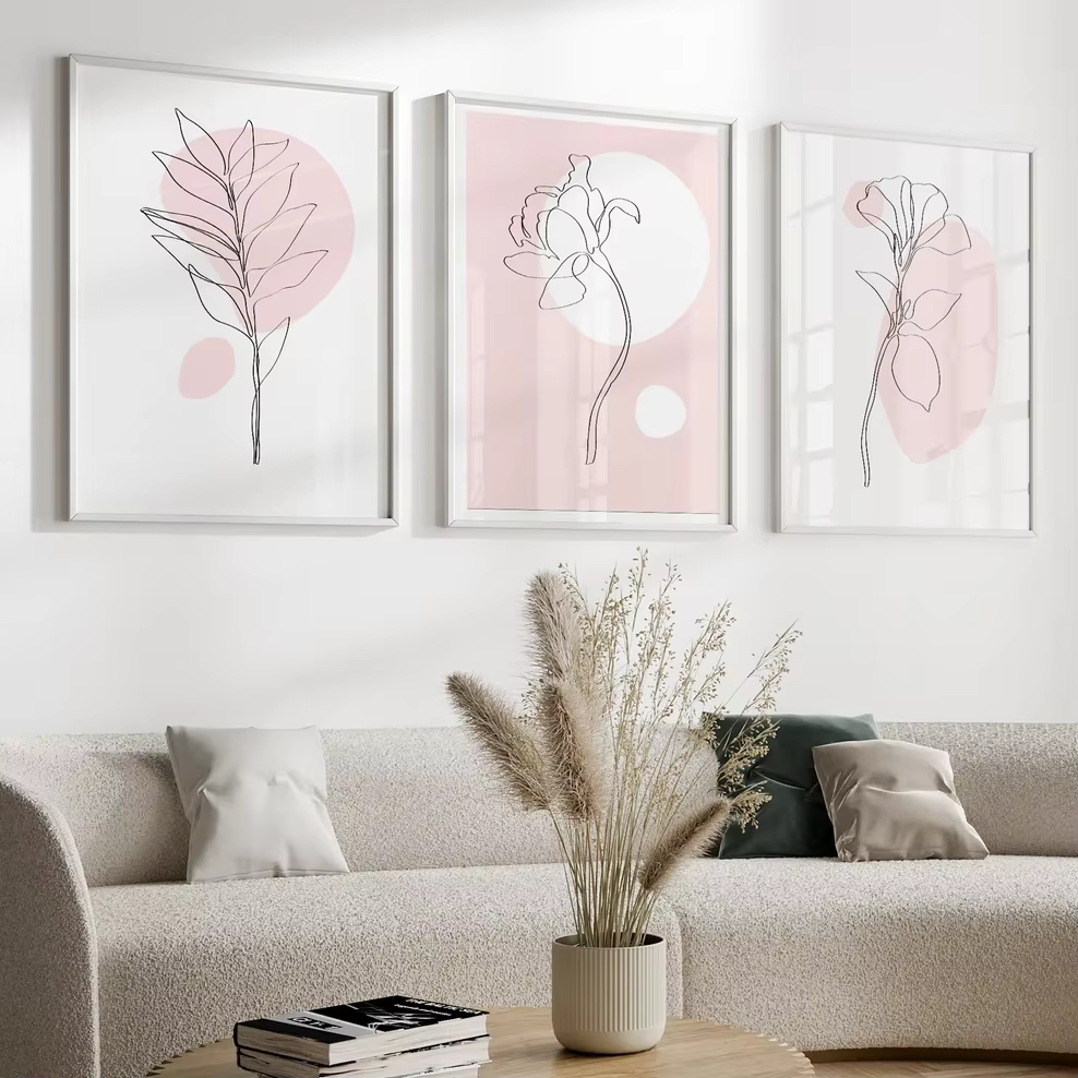 Lot de 3 tableaux muraux botaniques roses – Décoration murale botanique – Affiche d'art linéaire botanique – Décoration intérieure rose – Peinture sur toile pour la décoration de chambre