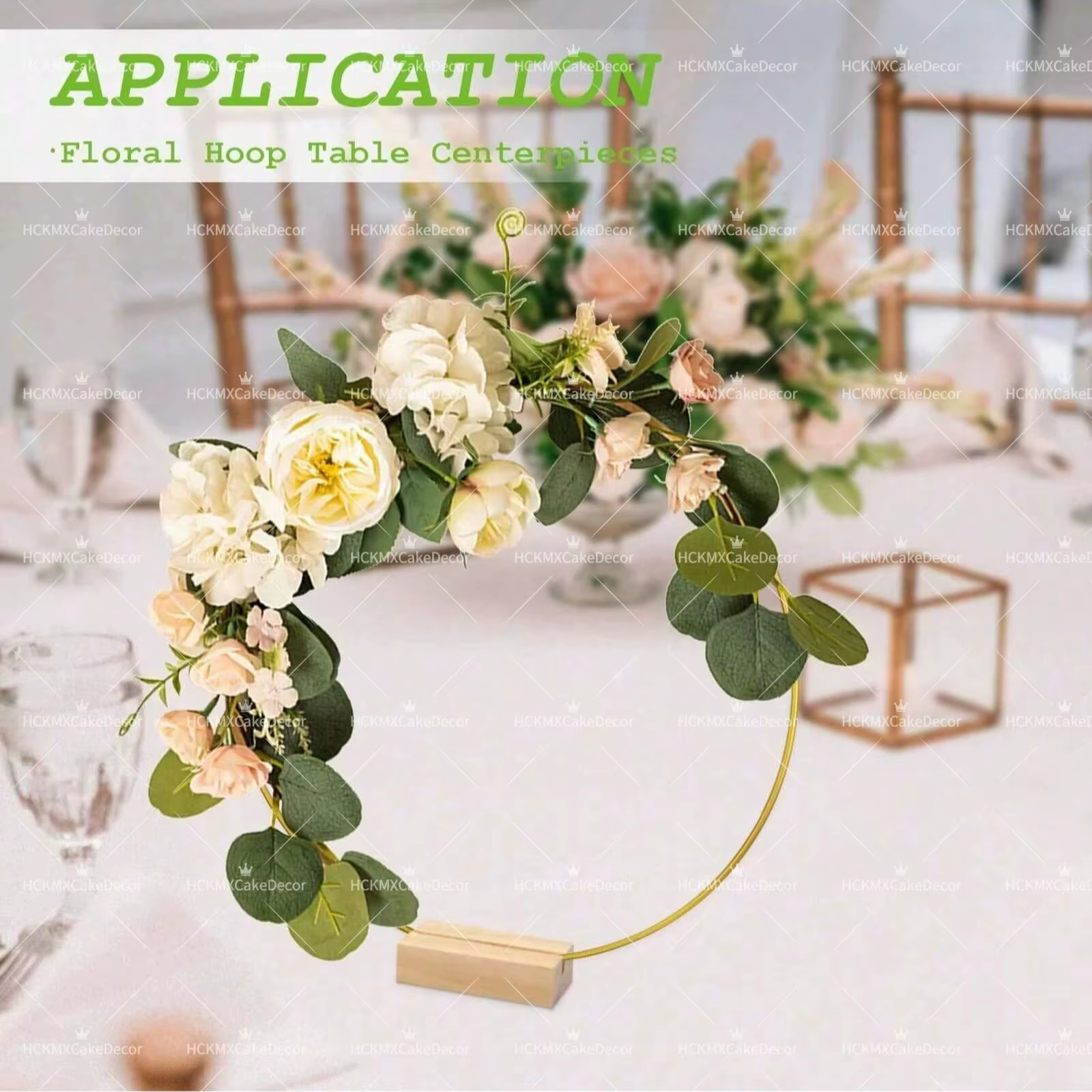 Lot de 5 cerceaux floraux en fil doré avec base en bois pour décoration de centre de table de mariage DIY