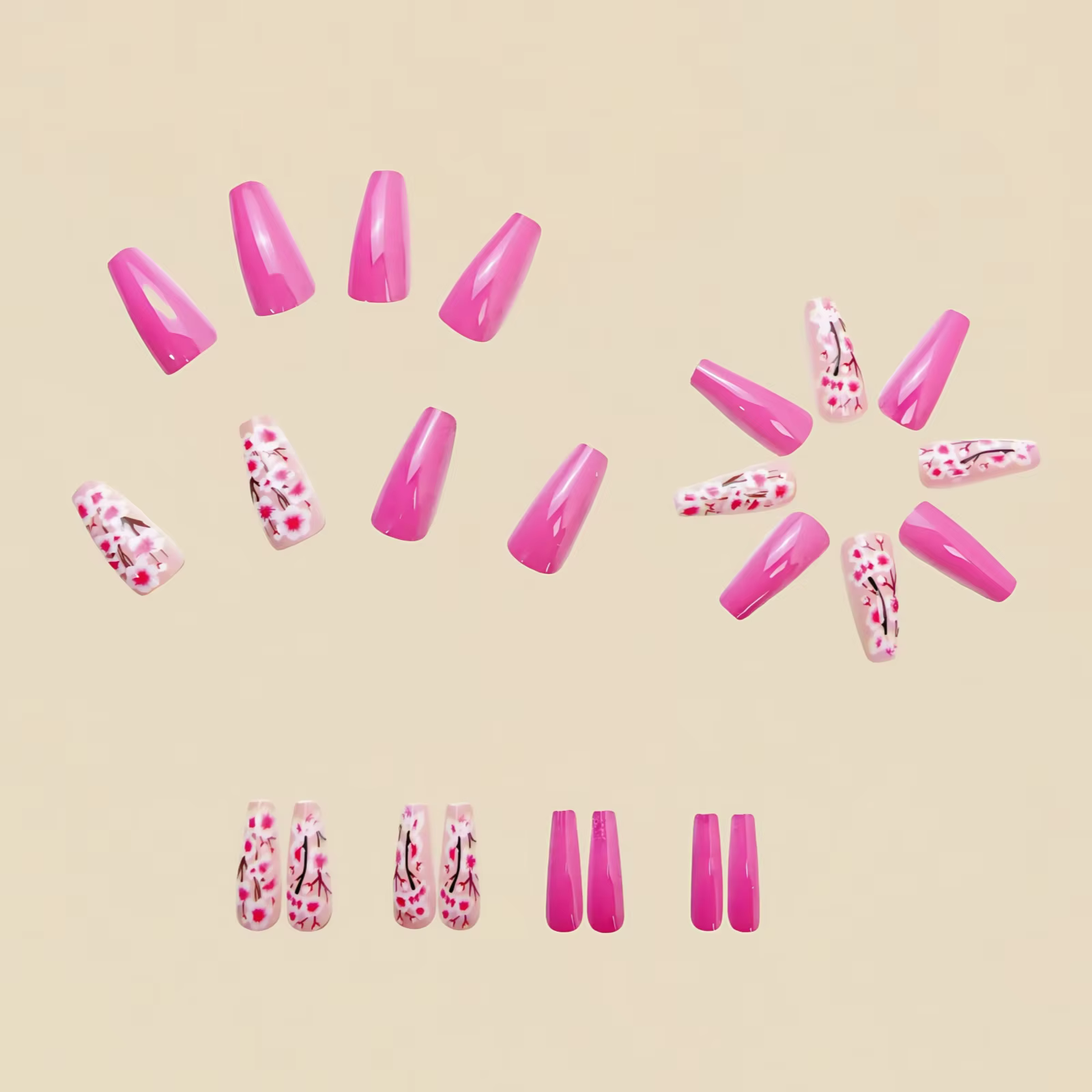 Faux ongles moyens pour femmes et filles, roses, rouges, jaunes, bleus, à motifs floraux, pour le printemps et l'été, forme ballerine, couvrance totale, ensemble d'ongles à presser.