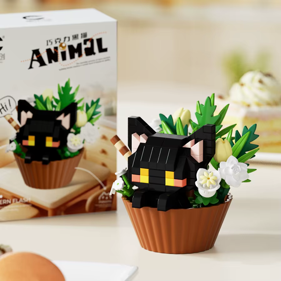 Ensemble de blocs de construction d'animaux et de plantes en pot