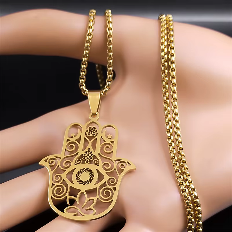 Fleur de vie Fatima Hamsa main pendentif collier pour femmes hommes en acier inoxydable couleur or Om Lotus oeil chaîne bijoux N8083S01