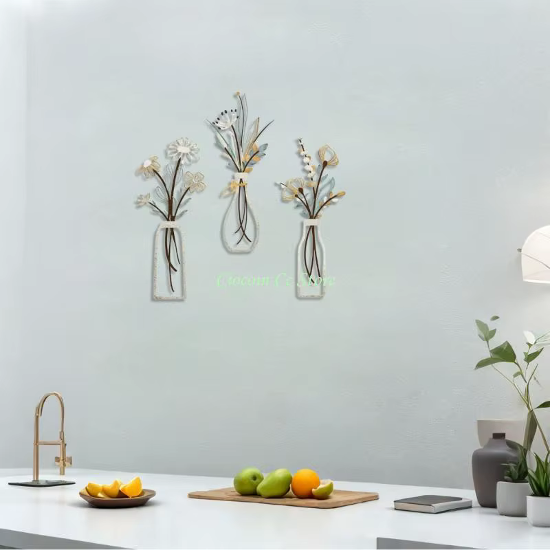 X90f 3 pièces Contemporain Flower Mur Sculpture Set Metal Vases