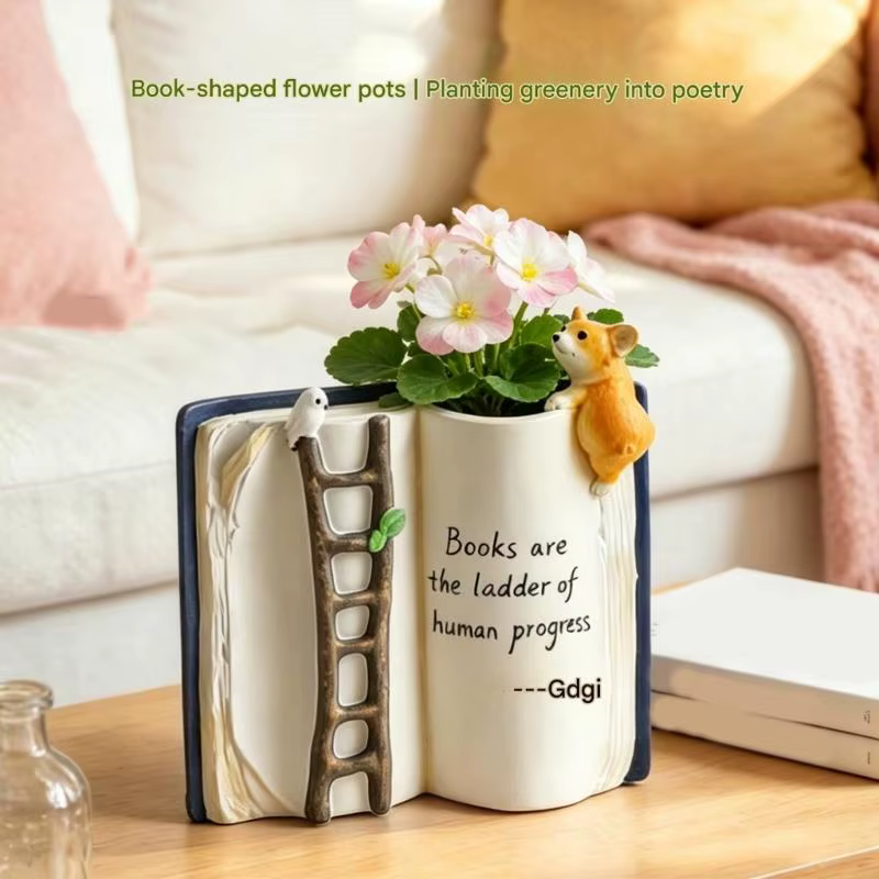Pot fleur à livre ouvert pour affichage bureau étagère fenêtre