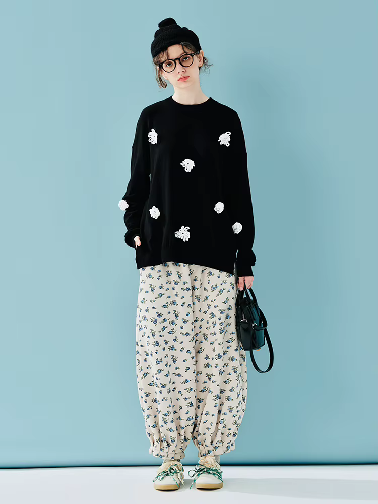 IMAKOKONI – pull blanc pour femmes, avec patchs de fleurs 3D, décontracté, amusant, mignon, ample, à la mode, automne et hiver ﻿