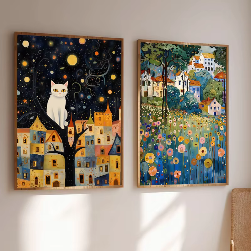 Affiche d'exposition d'arbre de nuit de Village de jardin Floral Gustav Klimt