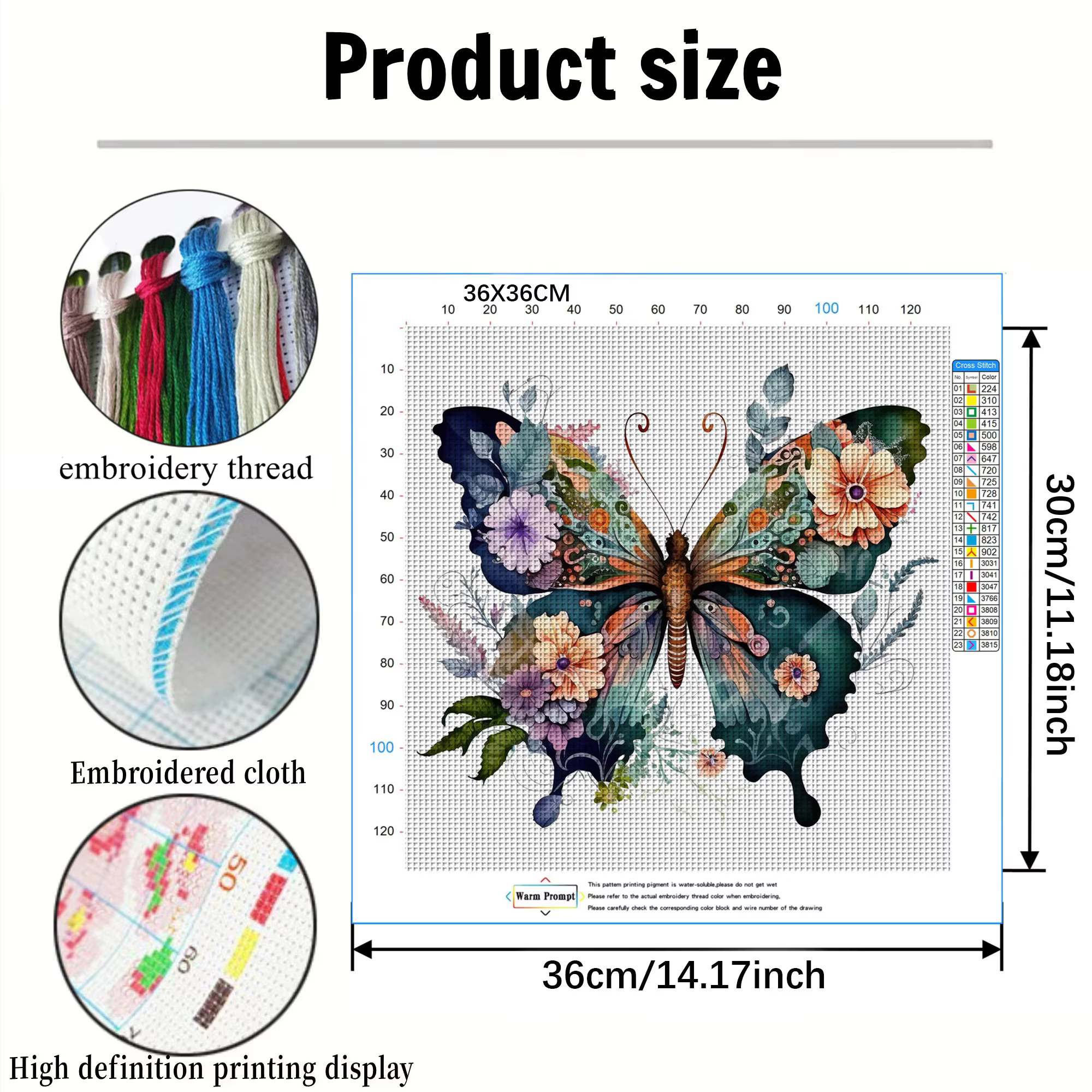 Kit de broderie au point de croix Fleur Papillon DIY 11CT, décoration murale pour la maison, cadeau fait main, matériel sans cadre, semi-fini 36×36cm