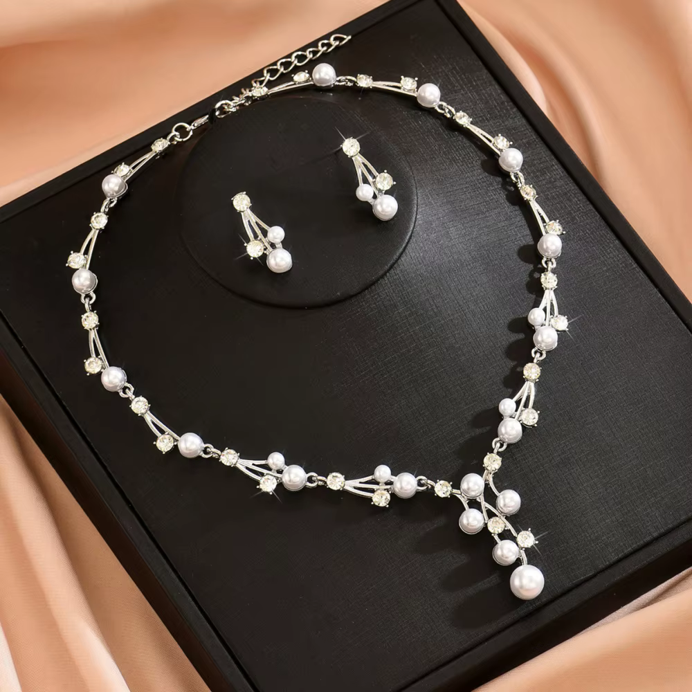 Ensemble collier et boucles d'oreilles en perles, boucles d'oreilles en perles à facettes multiples, ensembles de bijoux en cristal, ensemble de bijoux de mariage réglable pour le bal de promo