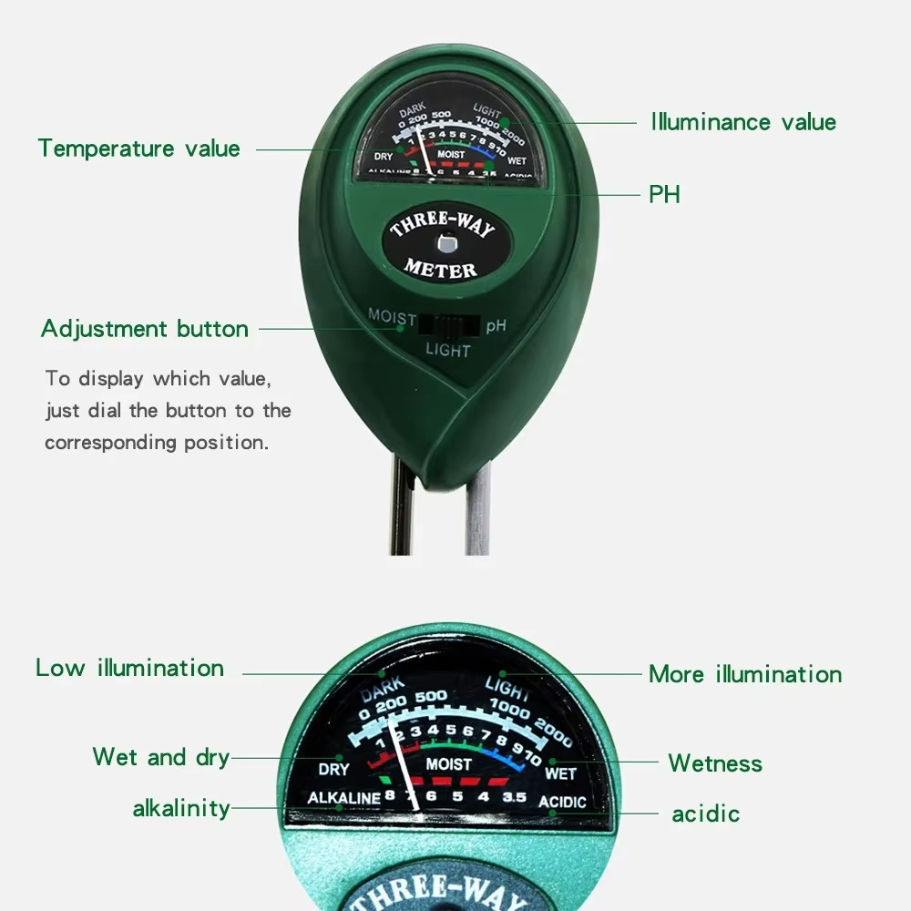 Testeur de sol 3-en-1 : humidité, luminosité et pH – Outil de mesure de l'acidité de l'eau pour plantes de jardin, fleurs et plantes en pot