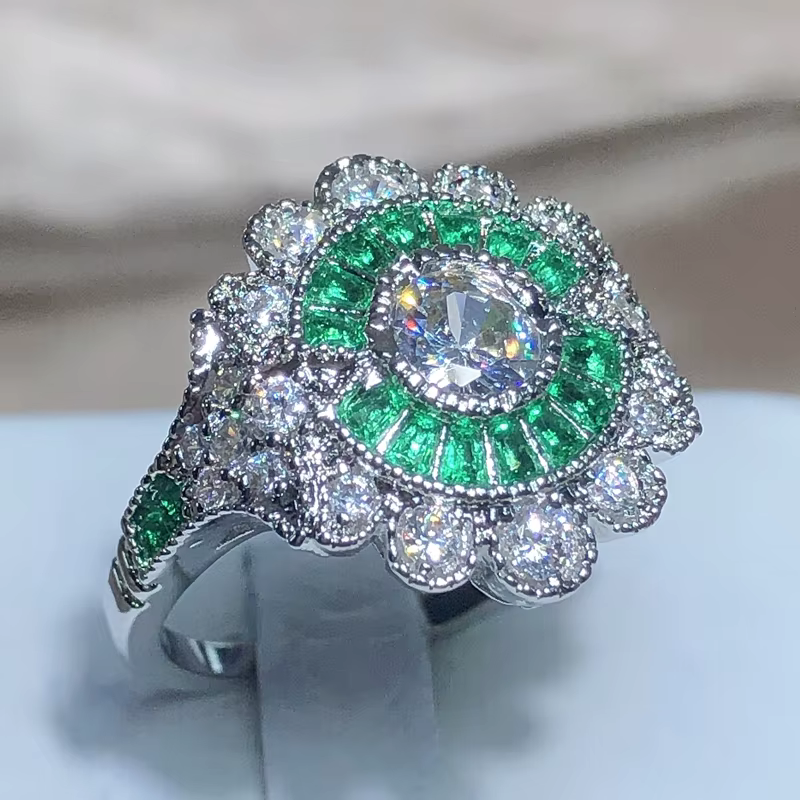 Bague complète en diamant pour femme, fleur de tempérament, timbre femme 925, pierre carrée en T verte, cadeau de bijoux de fête d'anniversaire, mode, vente en gros