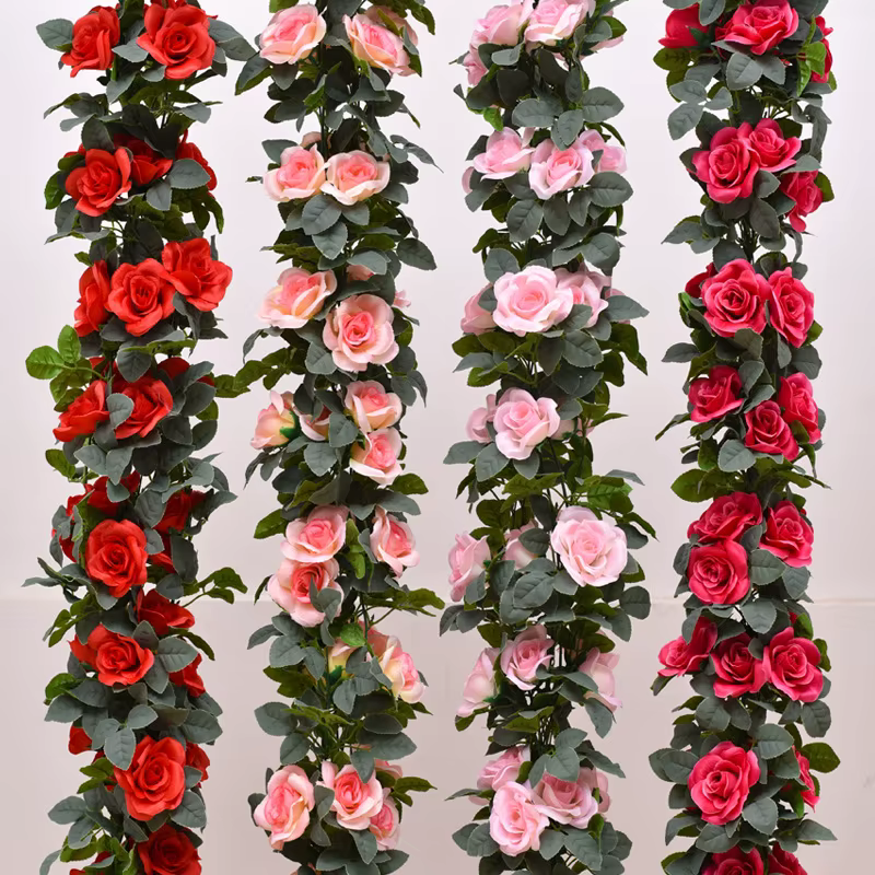 Rose artificielle vigne 16 fleurs de tête longueur 220cm fausse plante verte fleur