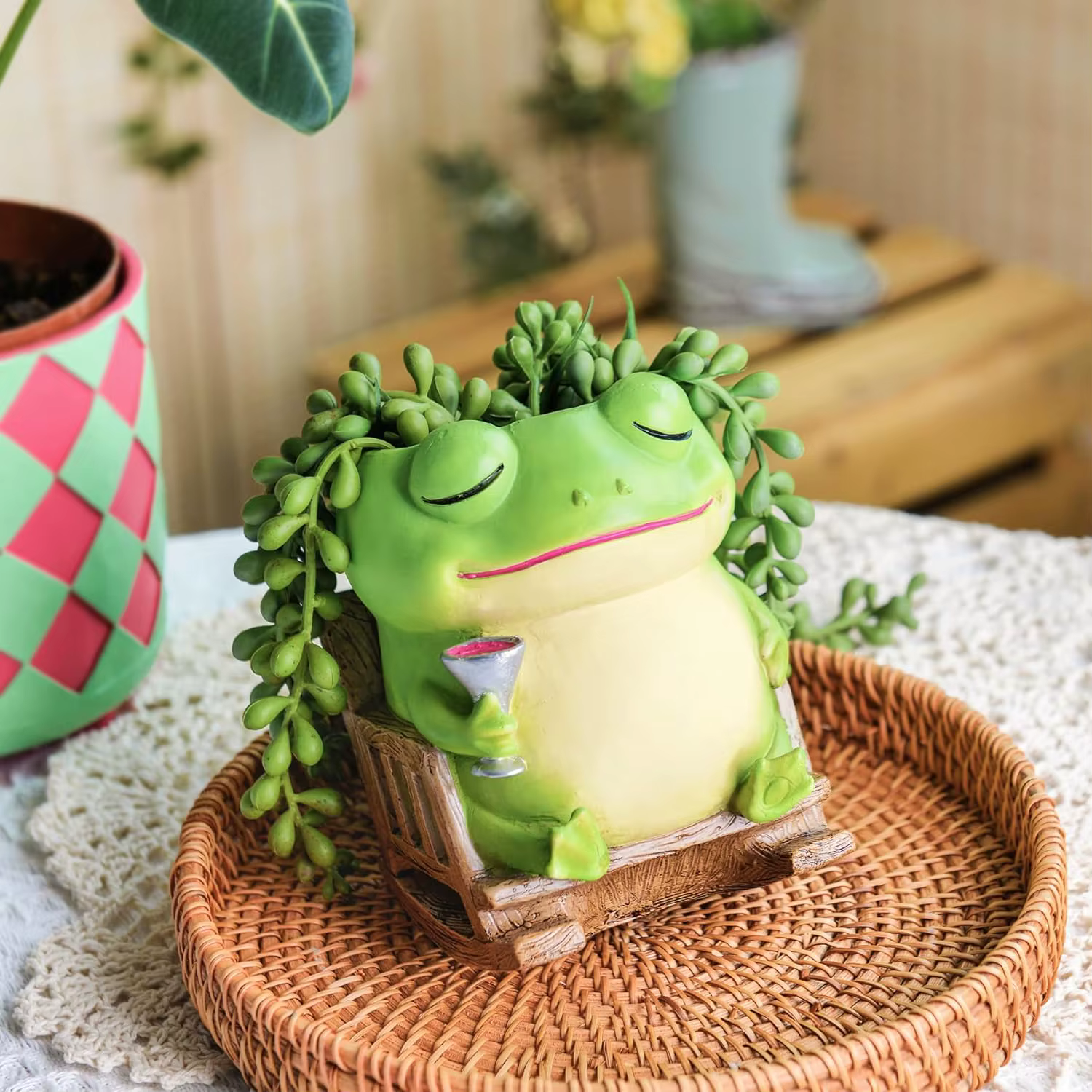 Pot de fleurs créatif en résine en forme de grenouille mignonne