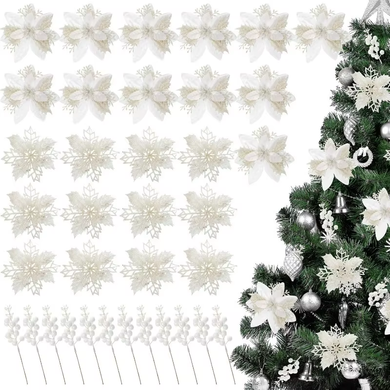 Tiges de fleurs artificielles blanches à paillettes
