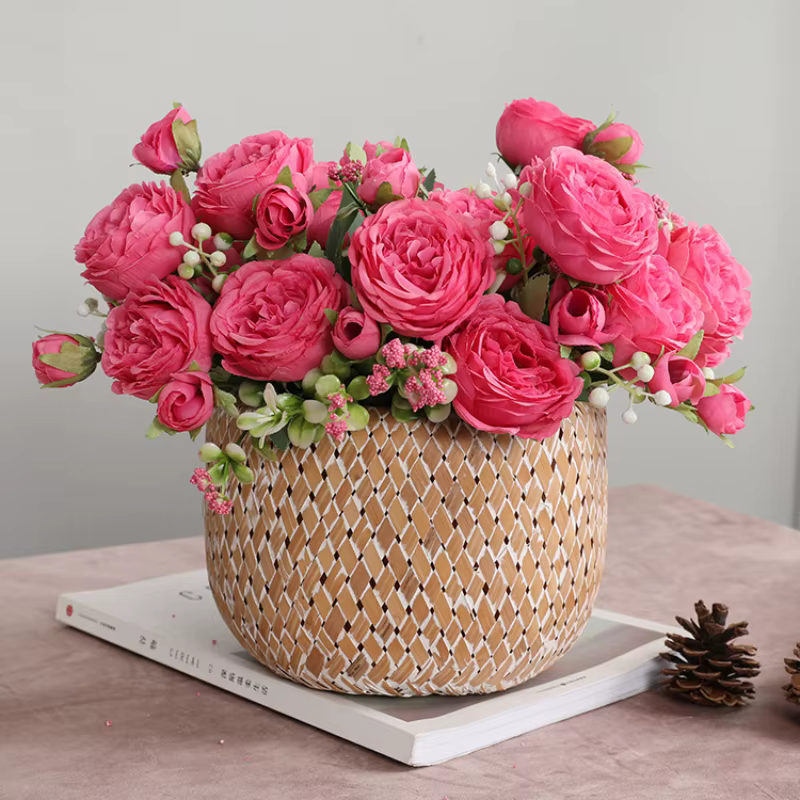 Vente chaude 1 pièces/30 cm Rose Bouquet de soie pivoine fleur artificielle 5 grosse tête 4 petit bourgeon mariée mariage décoration de la maison Artifi