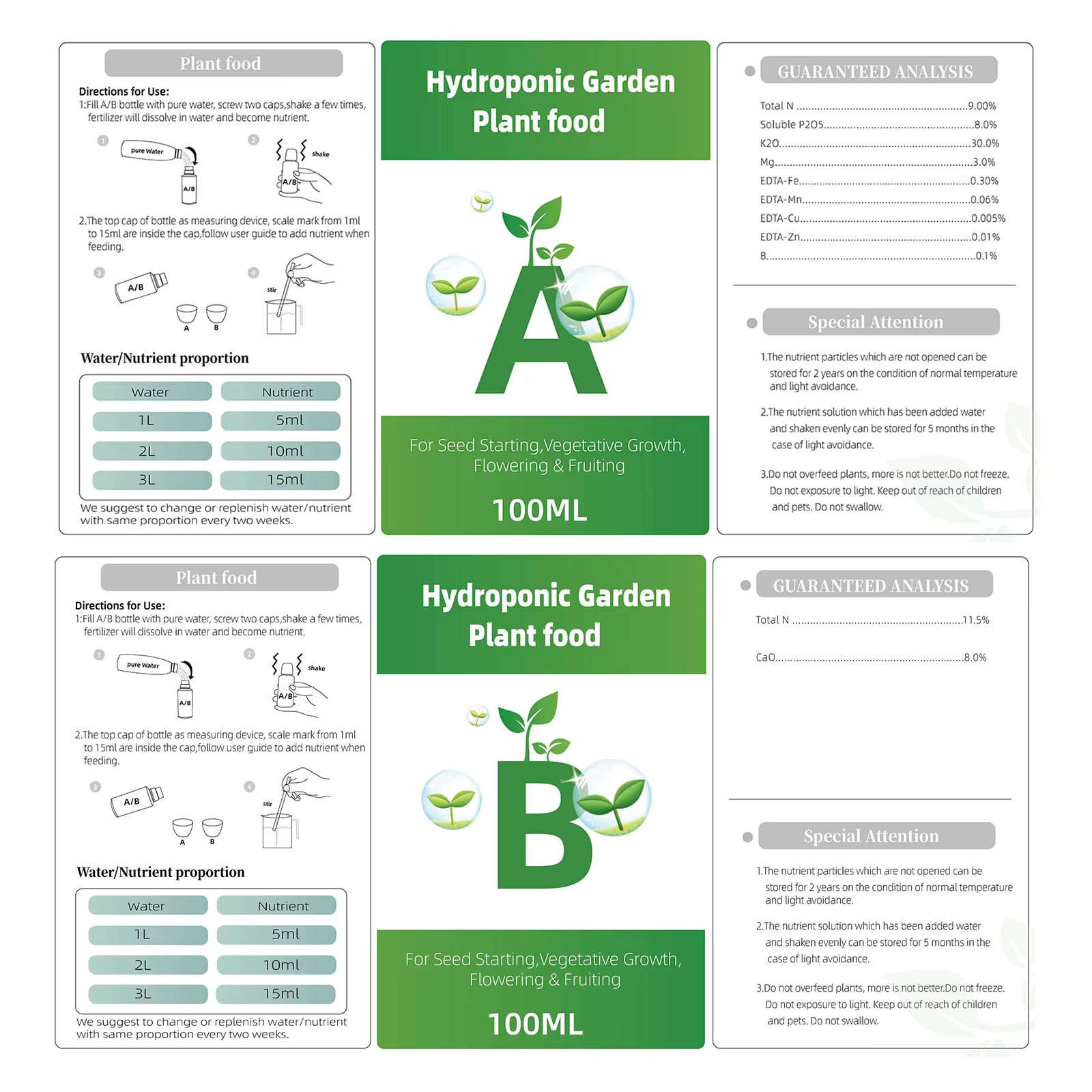 Engrais de jardin A + B pour plantes hydroponiques concentrées